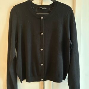 Black, rhinestone Bow-Accent Crewneck faux Cardigan Sweater